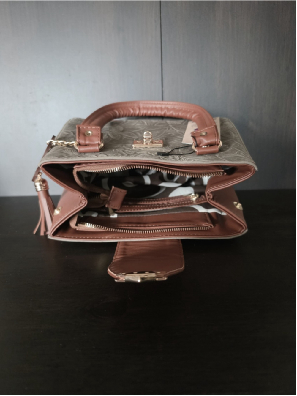 Gray Moss Green Tasseled Floral Embossed Tooled Artisan LEATHER Crossbody Purse - Picture 12 of 16
